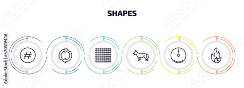 shapes infographic element with outline icons and 6 step or option. shapes icons such as hash key, rotate circle, dot square, jackal, radius of circle, fire over line vector.