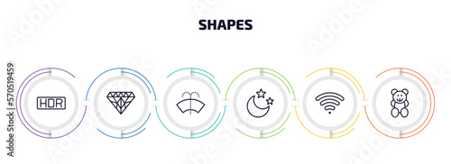 shapes infographic element with outline icons and 6 step or option. shapes icons such as hdr, big diamond, windshield washer, moon and stars, wireless, toys vector.