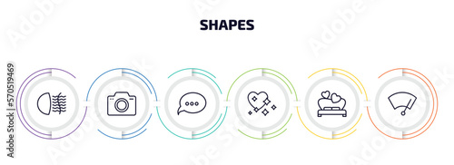 shapes infographic element with outline icons and 6 step or option. shapes icons such as fog light, foto, speech bubble black, heart with shine, wedding night, winshield wiper vector.