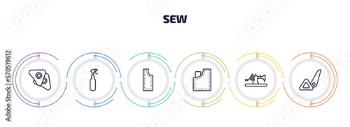 sew infographic element with outline icons and 6 step or option. sew icons such as chalk, water spray, material, jeans pocket, old sewing hine, sewing marker vector.