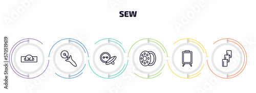 sew infographic element with outline icons and 6 step or option. sew icons such as buttonhole, tracing wheel, button, bobbin, drawing board, textile vector.