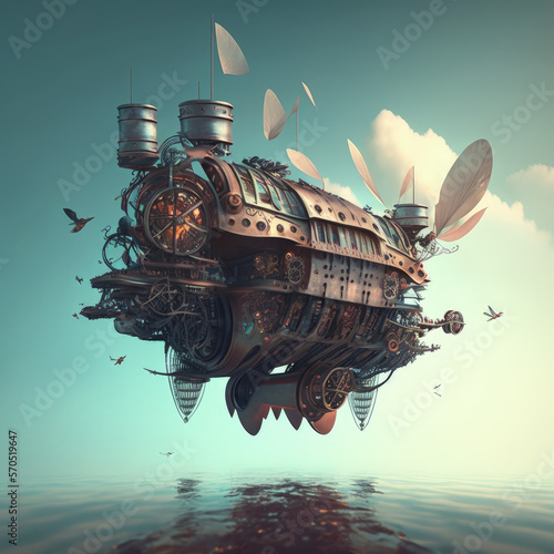 A large flying machine floats above the surface of the water, steampunk style made with generative AI touched up in Photoshop