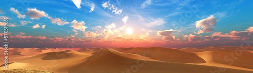 Sunrise over the dunes, sand desert at sunset