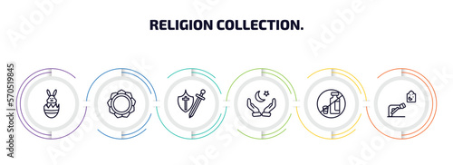 religion collection. infographic element with outline icons and 6 step or option. religion collection. icons such as easter bunny, buddhism, crusade, muslim praying hands, forbidden foods, ruku