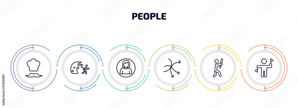 people infographic element with outline icons and 6 step or option. people icons such as chief, waves danger, woman profile, complex, man attacking, flag semaphore language vector. people infographic element with outline icons and 6 step or option. people icons such as chief, waves danger, woman profile, complex, man attacking, flag semaphore language vector.