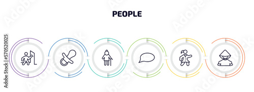 people infographic element with outline icons and 6 step or option. people icons such as man knocking a door, baby pacifier, old lady walking, chat balloon, scholar girl front, chinese man vector.