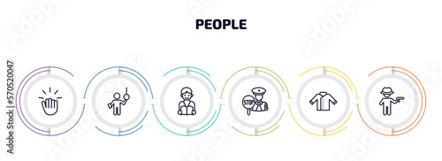 people infographic element with outline icons and 6 step or option. people icons such as knocking, ticket collector, student books, traffic police, chef uniform, criminal heist vector.