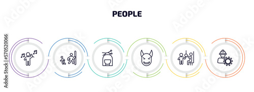 people infographic element with outline icons and 6 step or option. people icons such as man playing a flute, hide and seek, japan geisha, devil head with horns, pregnant priority, layer working