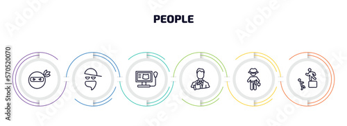 people infographic element with outline icons and 6 step or option. people icons such as ninja portrait, gangsters, ultrasonography, tumb up business man, cowboy with a gun, man pushing child