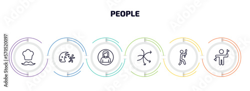 people infographic element with outline icons and 6 step or option. people icons such as chief, waves danger, woman profile, complex, man attacking, flag semaphore language vector.