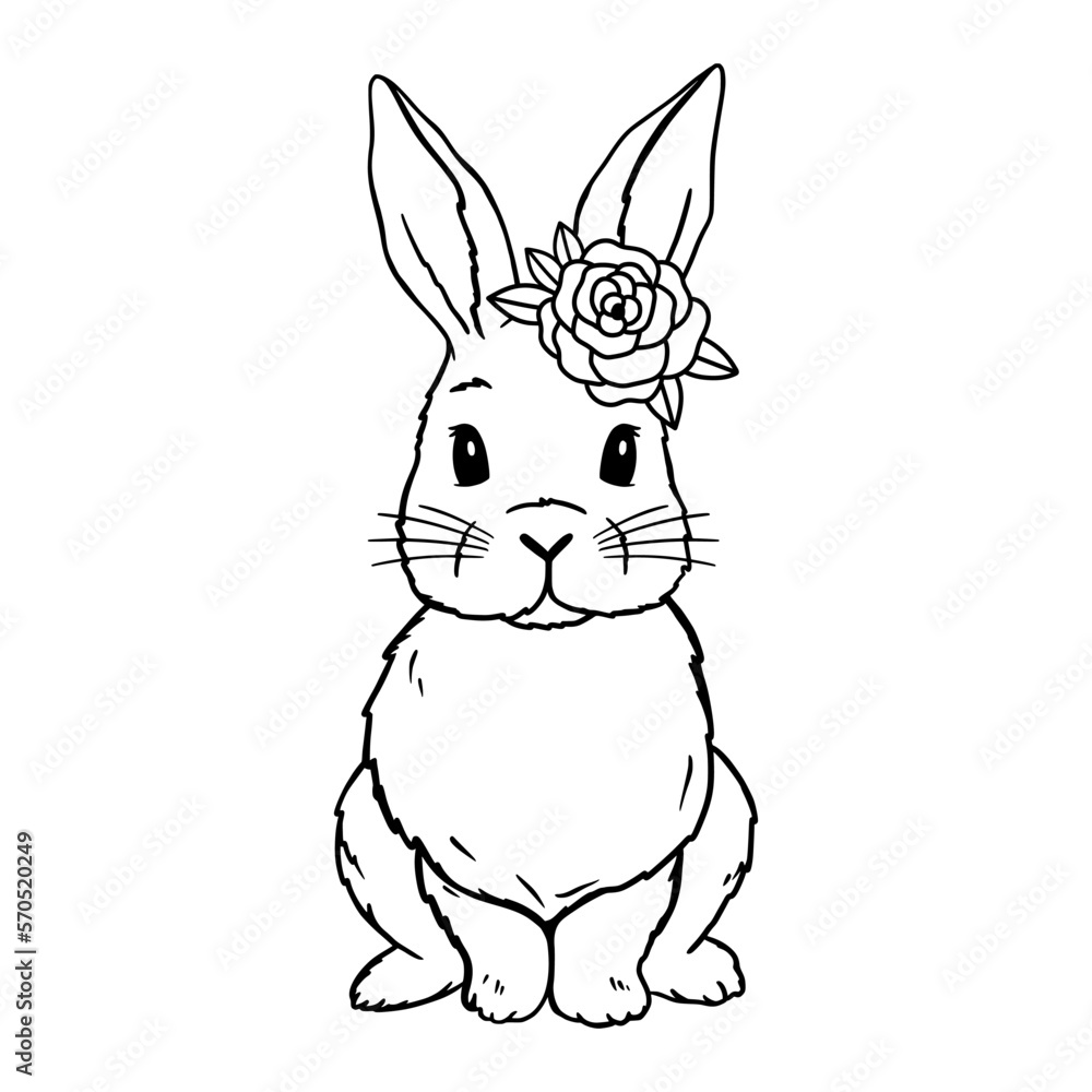 Fototapeta premium Cute Rabbit Line Art. Bunny with rose. Bunny sketch vector illustration. Coloring pages for children. Good for posters, t shirts, postcards.