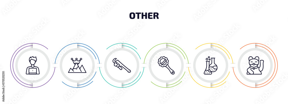 other infographic element with outline icons and 6 step or option. other icons such as it specialist, king of the hill, pipe wrench, baby's rattle, labaratory, japanese cat vector. other infographic element with outline icons and 6 step or option. other icons such as it specialist, king of the hill, pipe wrench, baby's rattle, labaratory, japanese cat vector.