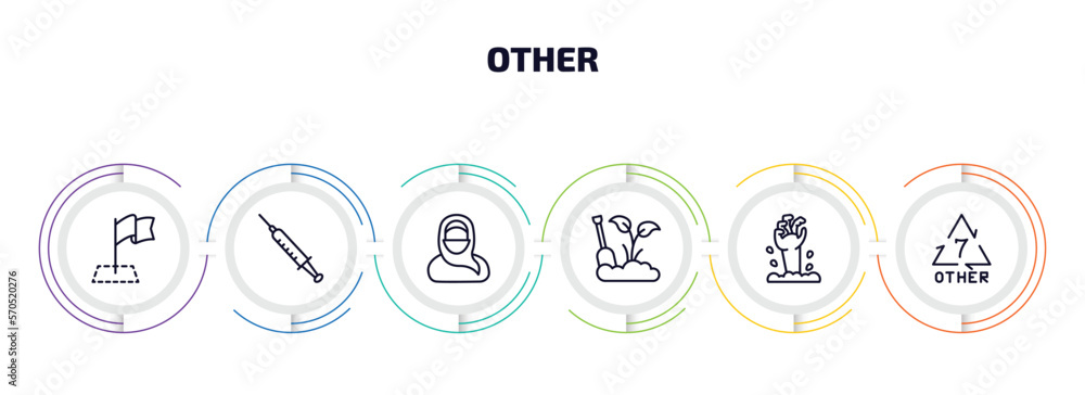 other infographic element with outline icons and 6 step or option. other icons such as milestone, syrnge, arabian woman, garden work, zambie hand, 7 other vector. other infographic element with outline icons and 6 step or option. other icons such as milestone, syrnge, arabian woman, garden work, zambie hand, 7 other vector.
