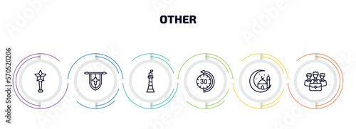 other infographic element with outline icons and 6 step or option. other icons such as star prize, blazon, smeaton's tower, the 30 minutes, mosque moon and star, limited liability vector.