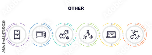 other infographic element with outline icons and 6 step or option. other icons such as small shelf, microvawe, mechanical gears, nail trimmer, demostration, plumbering vector.