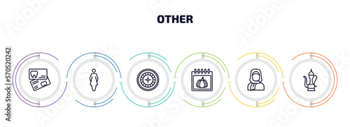 other infographic element with outline icons and 6 step or option. other icons such as dentist business card, women's bathroom, roulette table, pumpkin calendar, arab woman with hijab, arabic jar