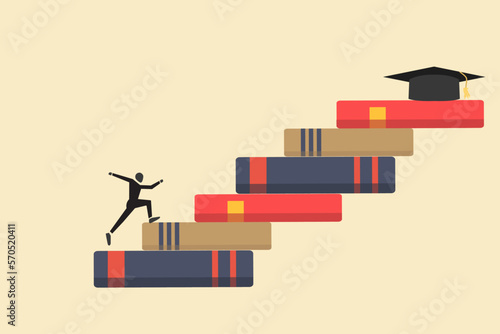 businessman climbing books for graduation. concept of success, education level and skill development