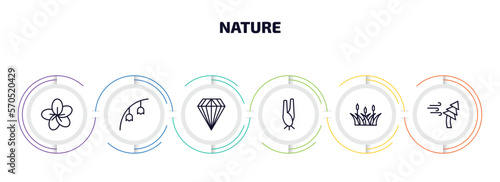 nature infographic element with outline icons and 6 step or option. nature icons such as sakura, bluebell, gemstone, lemongrass, reed, windstorm vector.