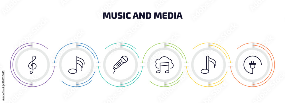 music and media infographic element with outline icons and 6 step or option. music and media icons such as treble clef, thirty second note, hand mic, downloaded music cloud, sixteenth note, charging music and media infographic element with outline icons and 6 step or option. music and media icons such as treble clef, thirty second note, hand mic, downloaded music cloud, sixteenth note, charging