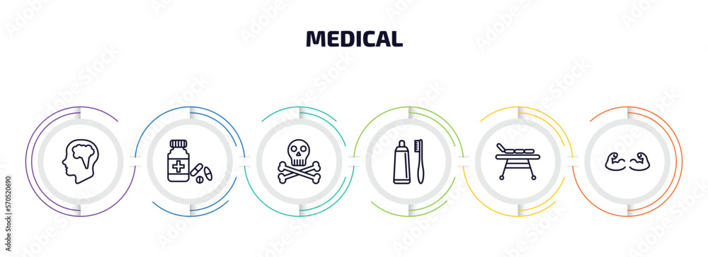 medical infographic element with outline icons and 6 step or option. medical icons such as brain in bald male head, pills jar, skull and bone, brush with tooth paste, table of treatments, strong medical infographic element with outline icons and 6 step or option. medical icons such as brain in bald male head, pills jar, skull and bone, brush with tooth paste, table of treatments, strong