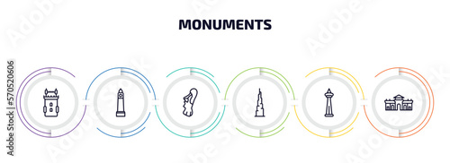 monuments infographic element with outline icons and 6 step or option. monuments icons such as belem tower, clock tower, easter island, , alcala gate