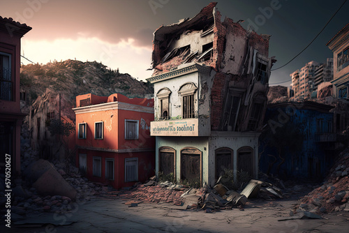 A devastated city after an earthquake is depicted in the image as buildings lay in ruins, rubble and debris litter the streets, and smoke rises from the destruction.ai generated © camelia