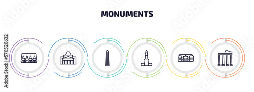 monuments infographic element with outline icons and 6 step or option. monuments icons such as abu simbel, shrine of remembrance, walled obelisk, qutb minar in new delhi, palace of versailles,