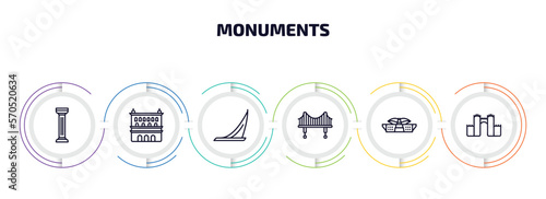 monuments infographic element with outline icons and 6 step or option. monuments icons such as greek column, lonja of zaragoza, moscow, vincent thomas bridge, dpr/mpr building, medieval walls in