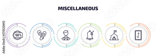 miscellaneous infographic element with outline icons and 6 step or option. miscellaneous icons such as 100 percent, paperclip attachment, swiss, snooze, refugee, rune vector.