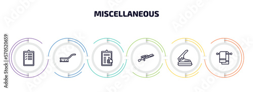 miscellaneous infographic element with outline icons and 6 step or option. miscellaneous icons such as evaluate, cleaning brush, enlist, flame thrower, puncher, towel rack vector.
