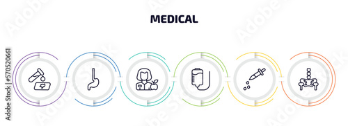 medical infographic element with outline icons and 6 step or option. medical icons such as blood analysis, esophagus, nutrionist, plasma, dosage medical tool, p vector.