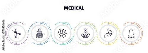 medical infographic element with outline icons and 6 step or option. medical icons such as opened medical scissors, hospital building front, molecular configuration, pelvic area, stoh, e vector.