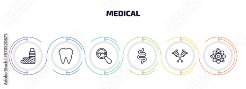 medical infographic element with outline icons and 6 step or option. medical icons such as plastered foot, tooth, diagtic, intestines, crutches couple, atomic structure vector.