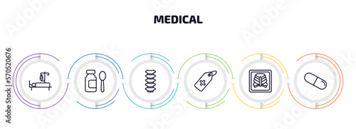 medical infographic element with outline icons and 6 step or option. medical icons such as illness on bed, syrup medicine bottle, spinal column, tag with a cross, x ray of bones, medical pill