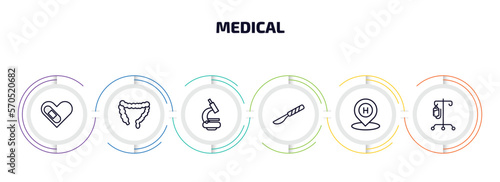 medical infographic element with outline icons and 6 step or option. medical icons such as cure, colon, microscope tool, scalpel, hospital placeholder, perfusion vector.