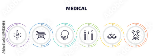 medical infographic element with outline icons and 6 step or option. medical icons such as femur, hospital bed side view, pharynx, dentist tool, breath control, canine vector.