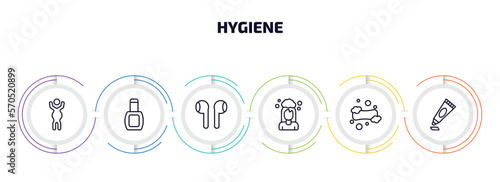 hygiene infographic element with outline icons and 6 step or option. hygiene icons such as body shaming, varnish, ear buds, hair washing, lather, gel vector.