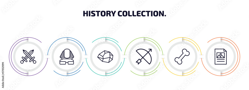 history collection. infographic element with outline icons and 6 step ...
