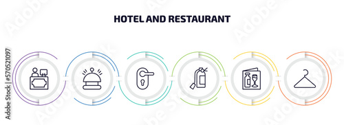 hotel and restaurant infographic element with outline icons and 6 step or option. hotel and restaurant icons such as reception, reception bell, doorknob, fire extinguisher, wine menu, hanger vector.