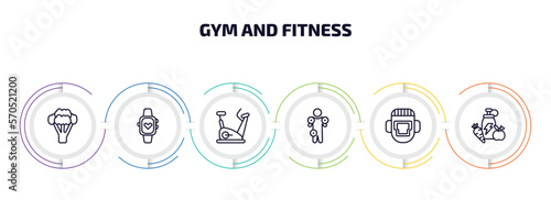 gym and fitness infographic element with outline icons and 6 step or option. gym and fitness icons such as broccoli porcion, sport watch, exercise bike, anatomy, headgear, fitness food vector.