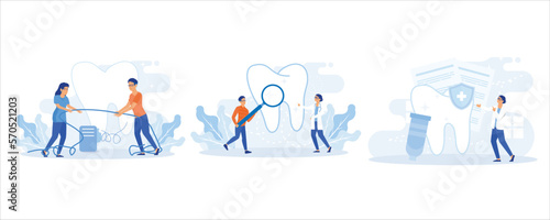 Dental care illustration set. Doctor dentist and medical staff taking care about patients teeth. Professional teeth cleaning, oral hygiene and whitening concept.set flat vector modern illustration
