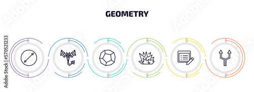 geometry infographic element with outline icons and 6 step or option. geometry icons such as diameter, polygonal scorpion, dodecahedron, explode, properties, parallel vector.