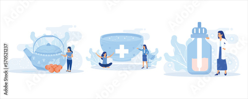 Healthcare illustration set. Characters taking care about health and using aromatherapy and other alternative health care methods. Alternative and herbal medicine concept.set flat vector modern illust