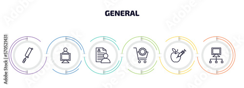 general infographic element with outline icons and 6 step or option. general icons such as fretsaw, coworking, hr policies, ecommerce solutions, gmo, bpm vector.
