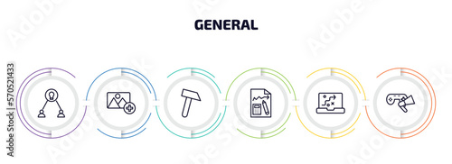 general infographic element with outline icons and 6 step or option. general icons such as collaborative idea, add photos, sledgehammer, ecommerce strategy, digital strategy, in-game advertising