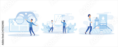 Medical illustration set. Doctor ophthalmologist showing eye test chart to patient, examining his vision and choosing eyeglasses with correction lens. Ophthalmology concept.set  flat vector modern ill