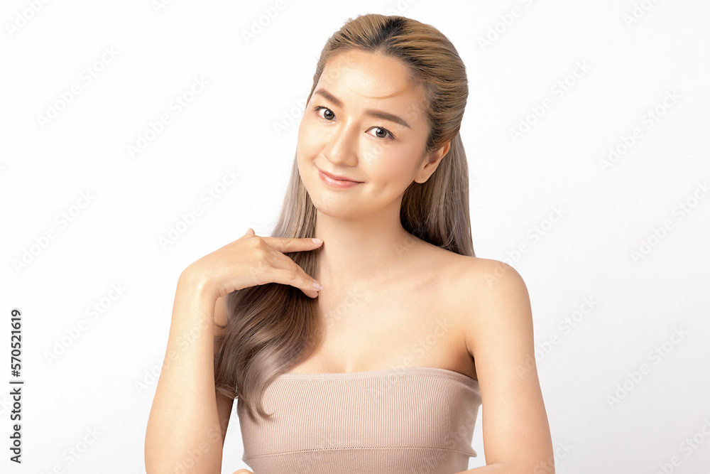 Happy beautiful young asian woman clean fresh bare skin concept. Asian girl beauty face skincare and health wellness, Facial treatment, Perfect skin, Natural make up. Isolated on white background. Happy beautiful young asian woman clean fresh bare skin concept. Asian girl beauty face skincare and health wellness, Facial treatment, Perfect skin, Natural make up. Isolated on white background.