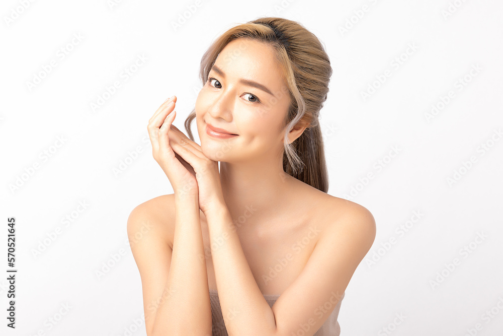 Happy beautiful young asian woman clean fresh bare skin concept. Asian girl beauty face skincare and health wellness, Facial treatment, Perfect skin, Natural make up. Isolated on white background.