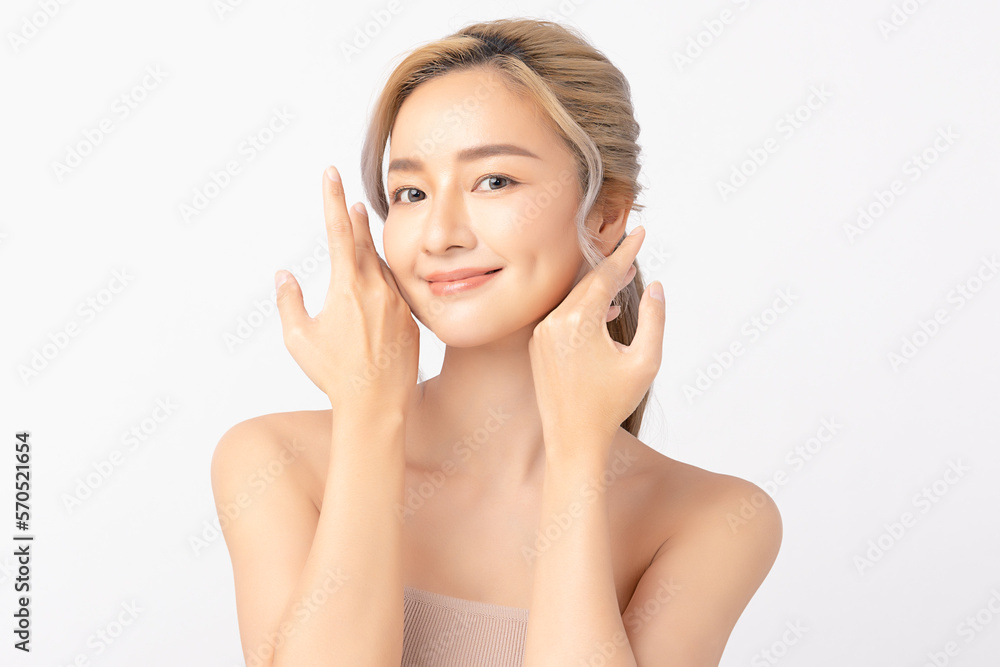 Happy beautiful young asian woman clean fresh bare skin concept. Asian girl beauty face skincare and health wellness, Facial treatment, Perfect skin, Natural make up. Isolated on white background. Happy beautiful young asian woman clean fresh bare skin concept. Asian girl beauty face skincare and health wellness, Facial treatment, Perfect skin, Natural make up. Isolated on white background.