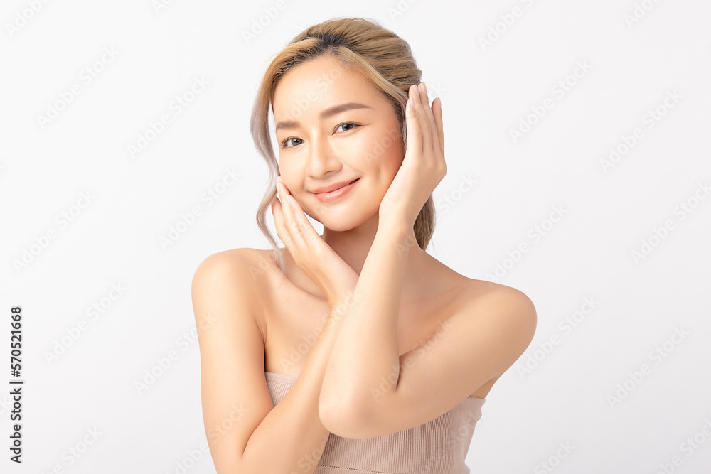 Happy beautiful young asian woman clean fresh bare skin concept. Asian girl beauty face skincare and health wellness, Facial treatment, Perfect skin, Natural make up. Isolated on white background. Happy beautiful young asian woman clean fresh bare skin concept. Asian girl beauty face skincare and health wellness, Facial treatment, Perfect skin, Natural make up. Isolated on white background.